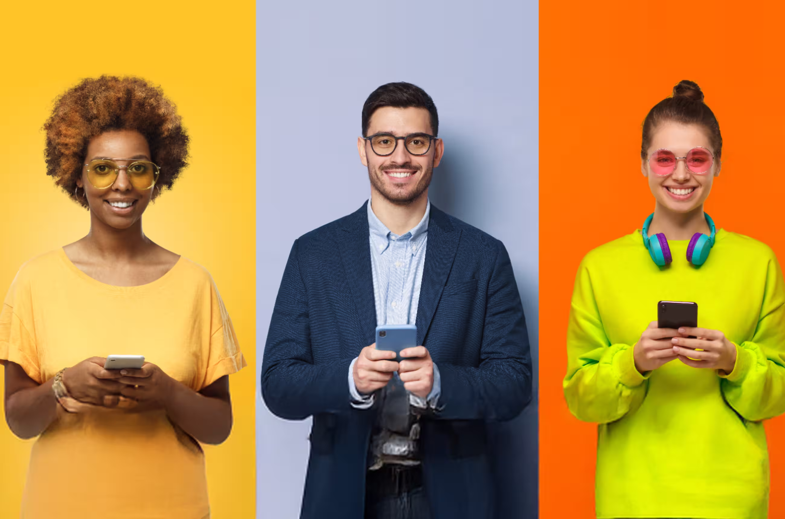 Three smiling people using smartphones against bright colored backgrounds